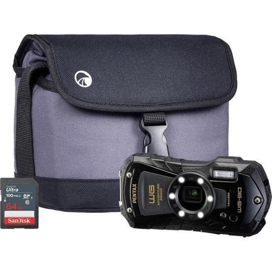 Pentax WG-90 16MP 5x Zoom Tough Compact Camera - Black - Camera + Sandisk 64GB SD Card + System Bag