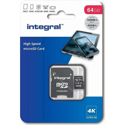 Integral 64GB High Speed V30 UHS-I U3 MicroSDHC/XC Memory Card with Adapter