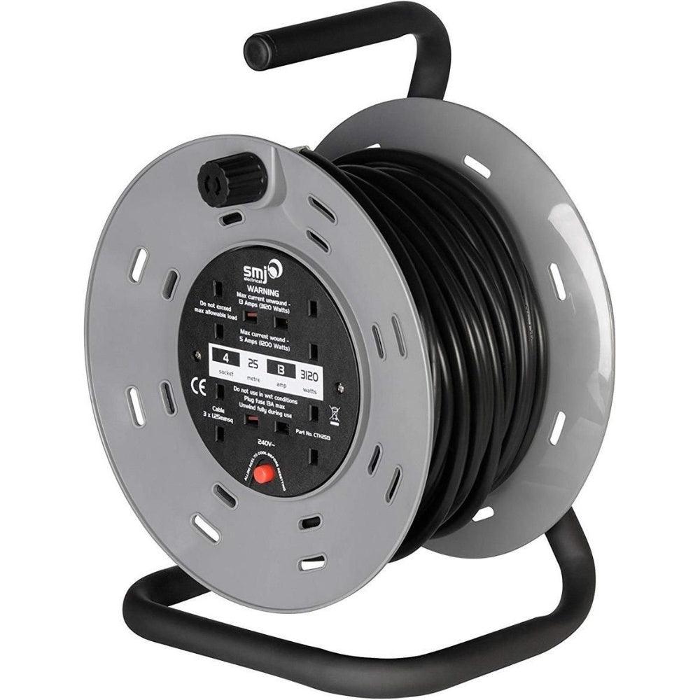 SMJ Electrical 25m 4-Socket 13A Heavy Duty Steel Frame Extension Lead Cable Reel