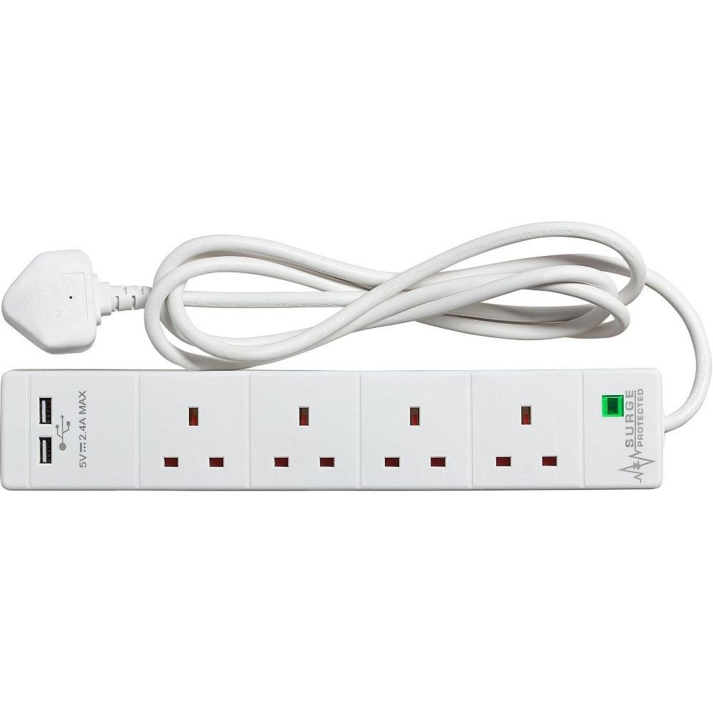 SMJ 2m 4 Socket 13A plus 2x USB-A Ports Extension Lead