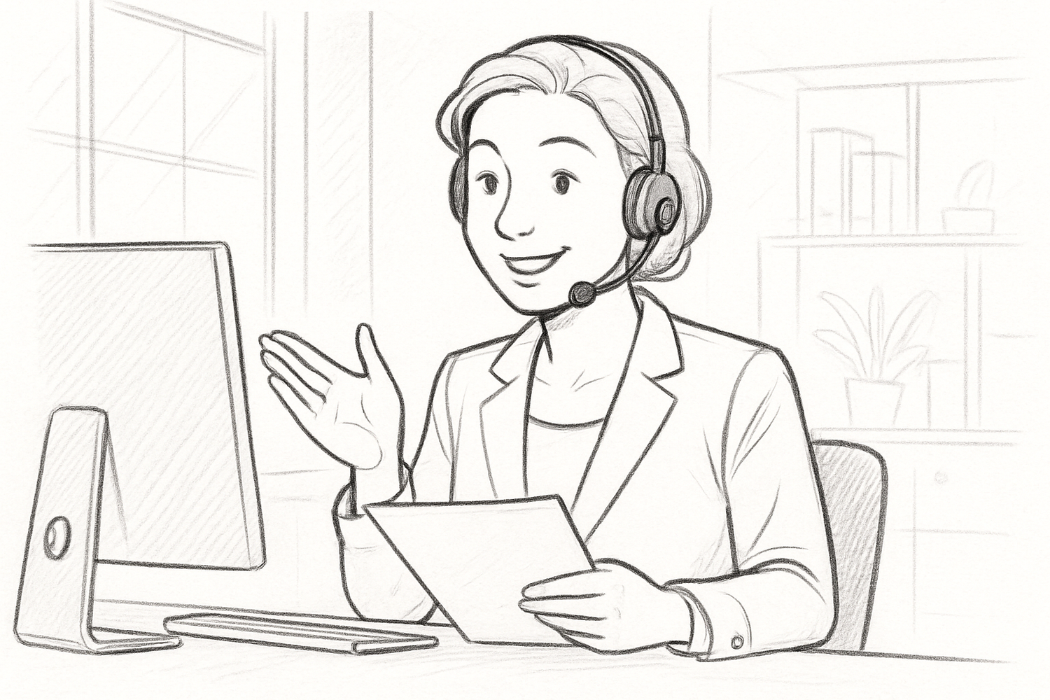 generate a sketch for a customer services representative on the phone