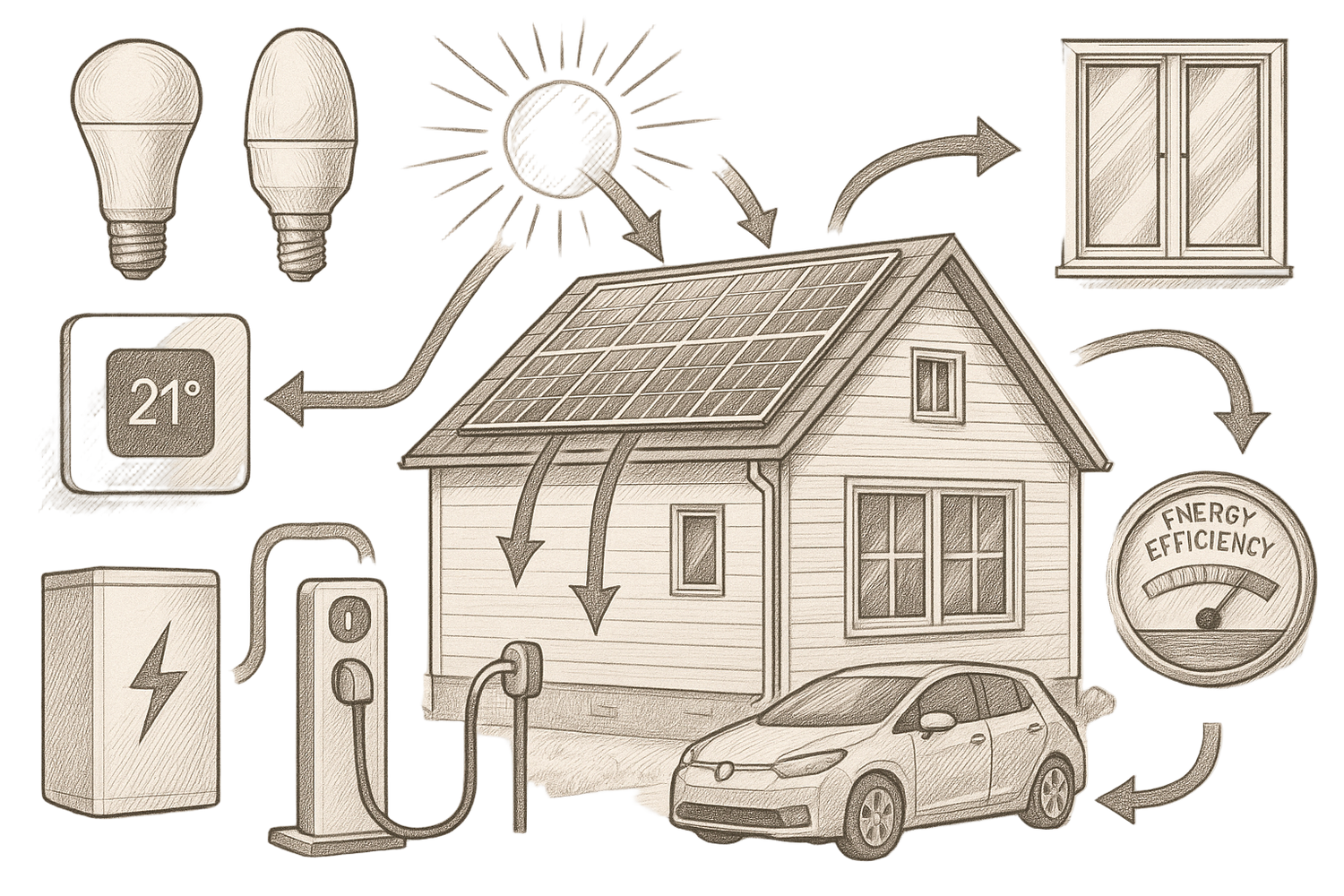 generate a sketch for energy efficiency including solar panels