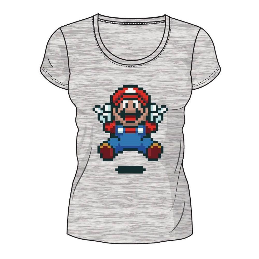 NINTENDO Super Mario Bros. Pixelated Jumping Mario T-Shirt Female Large Grey