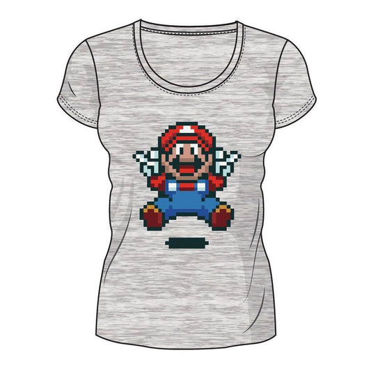 NINTENDO Super Mario Bros. Pixelated Jumping Mario T-Shirt Female Large Grey