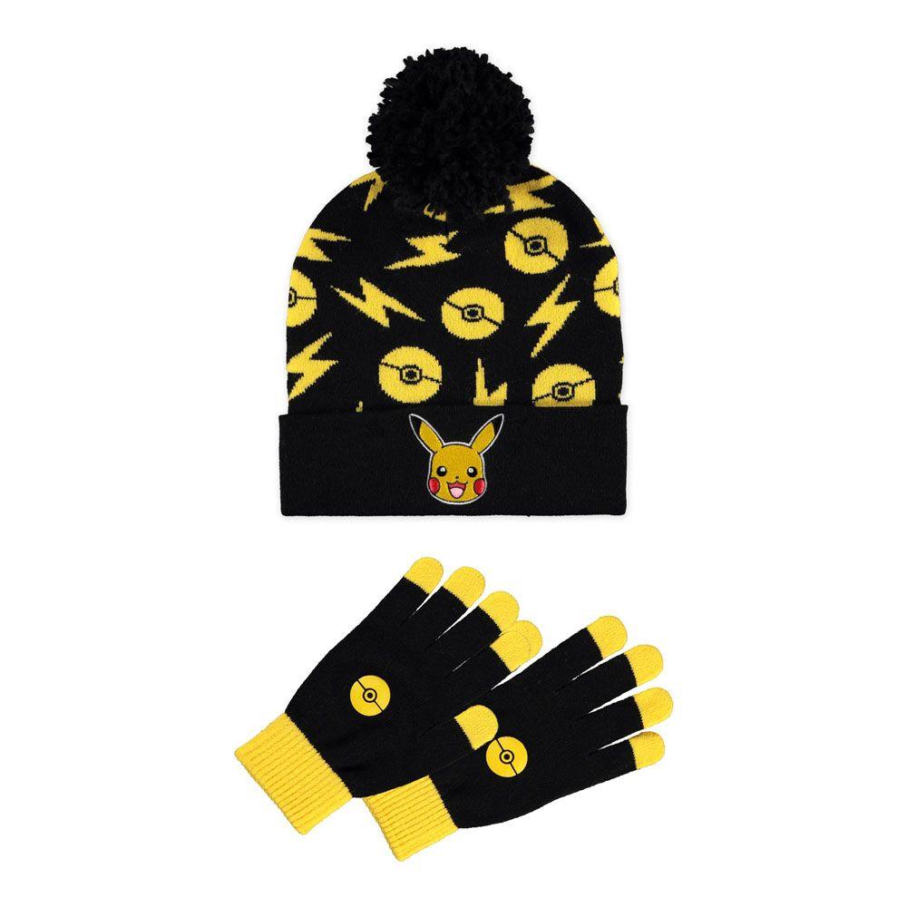 POKEMON 3D Pikachu Patch with All-over Print Beanie & Knitted Gloves Giftset Black/Yellow