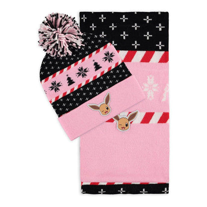 POKEMON Eevee Christmas Festive Beanie & Scarf Gift Set Pink/Black