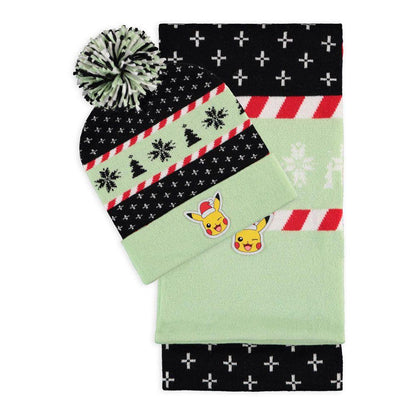 POKEMON Pikachu Christmas Festive Beanie & Scarf Gift Set Green/Black