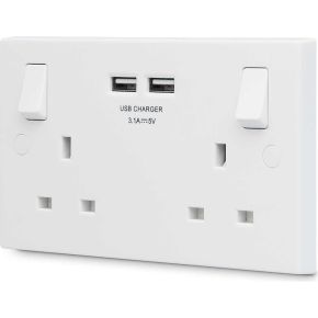 British General Square Edge 13A 2 Gang Switched Socket with 2x USB-A 3.1A - White